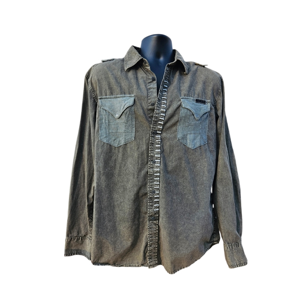 Affliction Mens Green Military Style Stitched Buttoned Shirt Sz Lg Long Sleeve